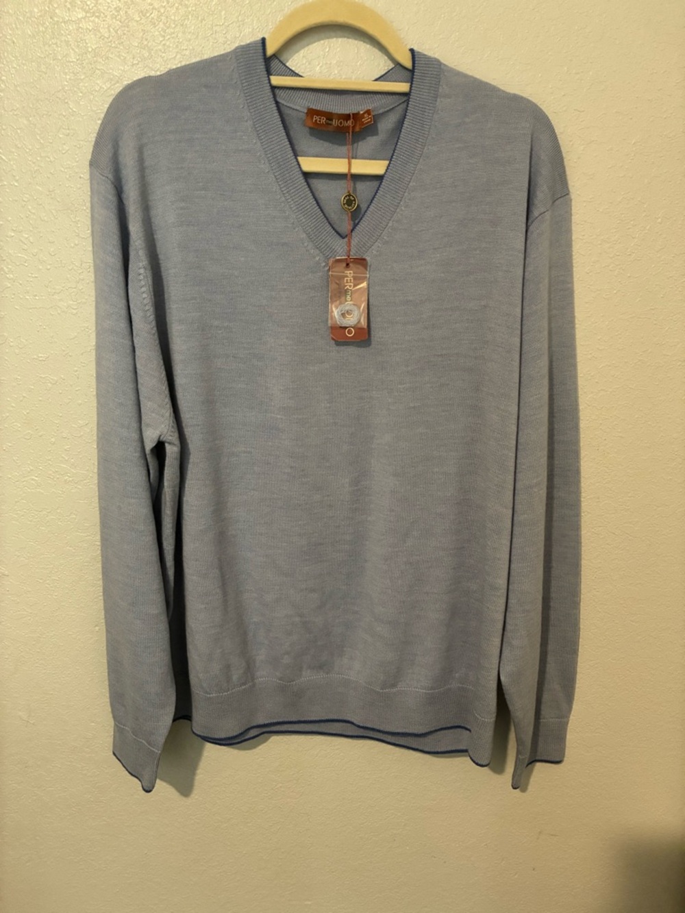 NWT Per Me Uomo Men's Light Blue V-Neck Sweater XL 100% Fine Merino Wool